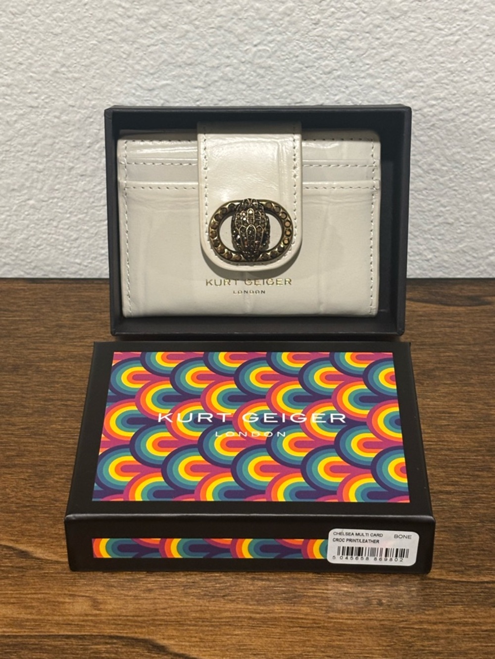 Kurt Geiger Cream Croc Embossed Wallet with Gold Crest